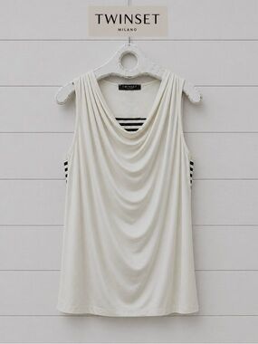 TWIN-SET SIMONA BARBIERI – Ivory & Black Striped Drape-Front Top – Size L
